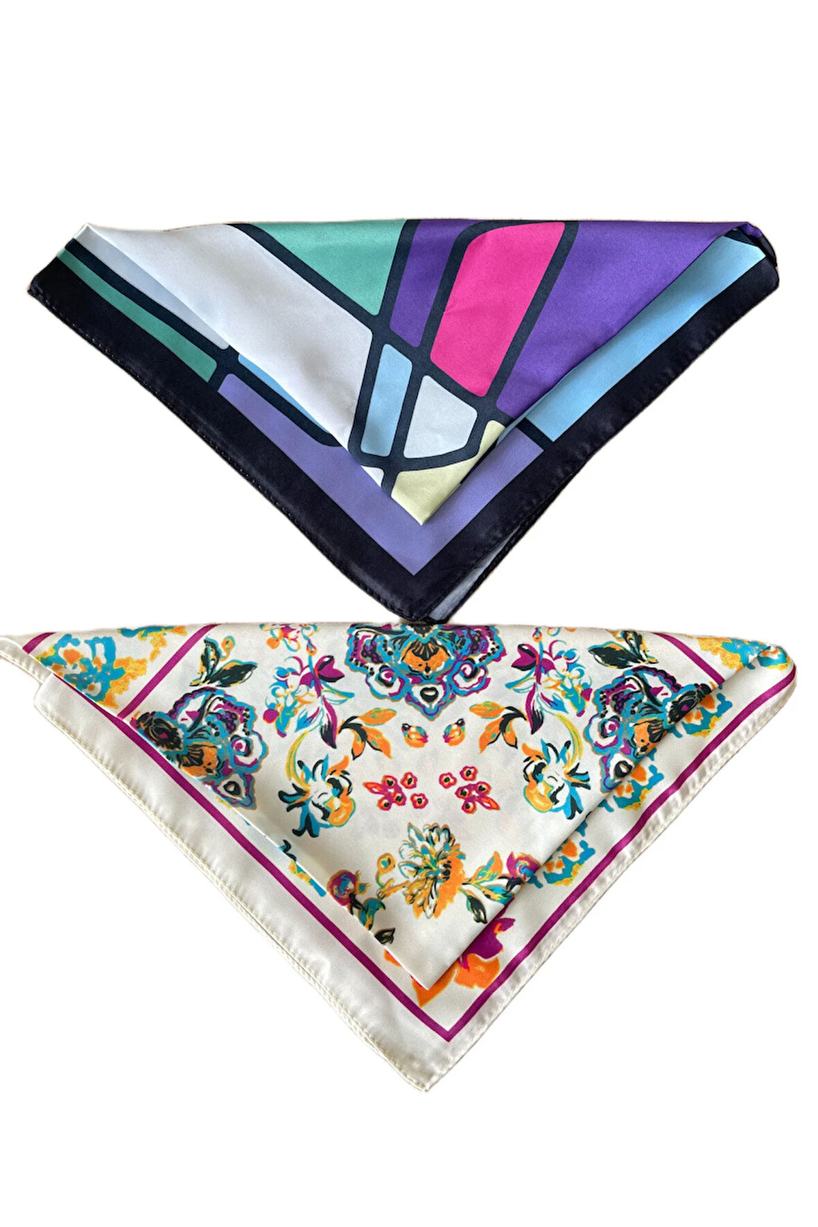 2 Li Saten Bandana Seti Saten Fular Saten Çanta Aksesuarı Özel Desen Bandana 45X50 Cm