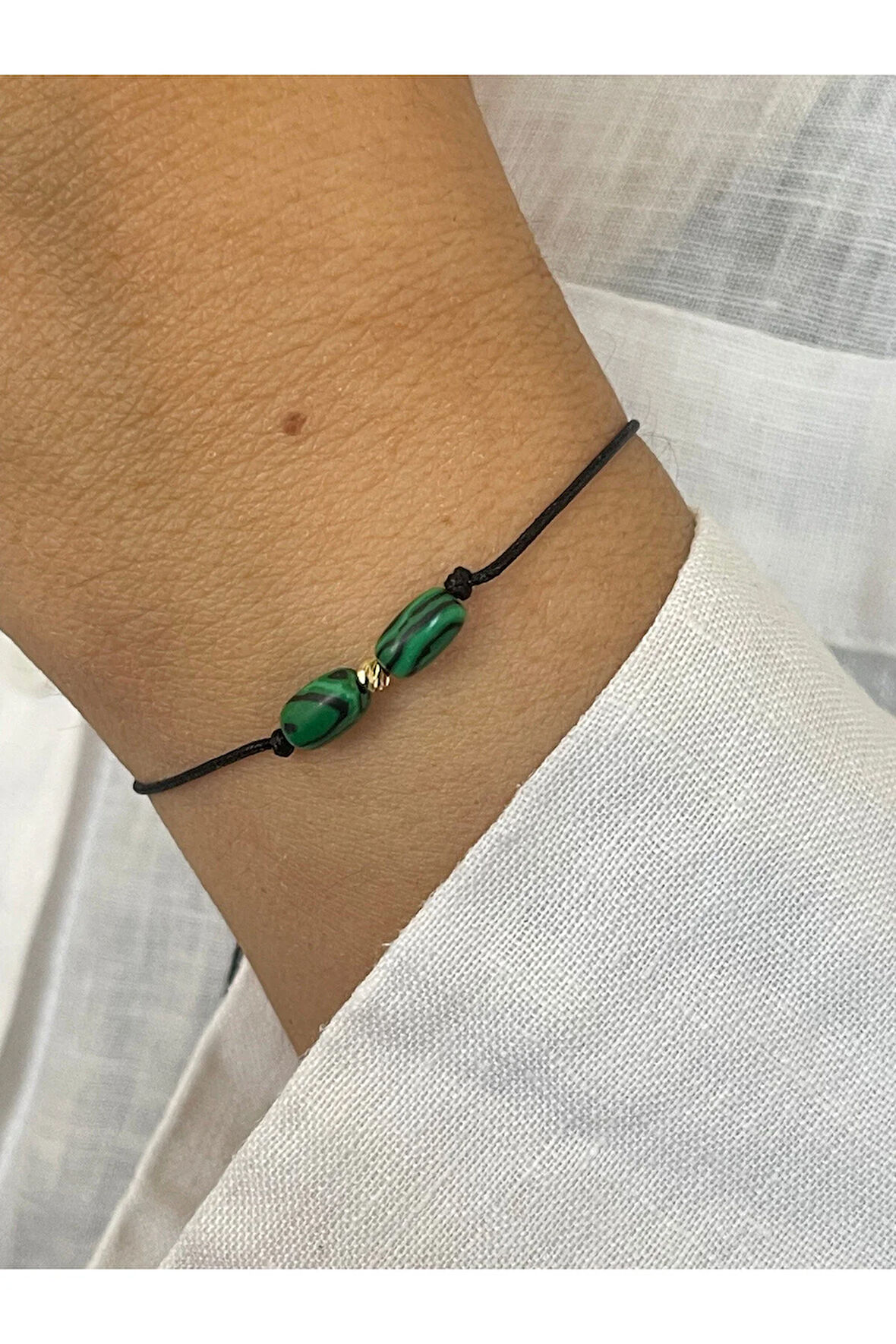 14 Ayar Altın Dorika Detaylı Doğal Malahit Taşlı Minimal Tasarım Altın Bileklik