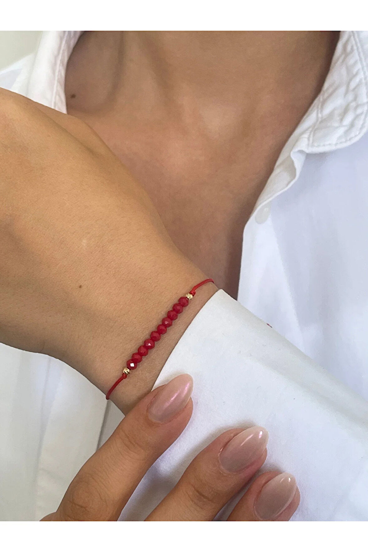 14 Ayar Altın Kırmızı Kristal Taşlı Çift Dorikalı Zarif Altın Bileklik