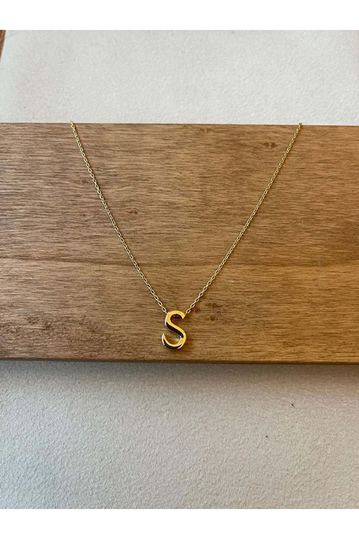 925 Ayar Gümüş Gold Renk S Harfi Kolye Harfli Kolye 45cm