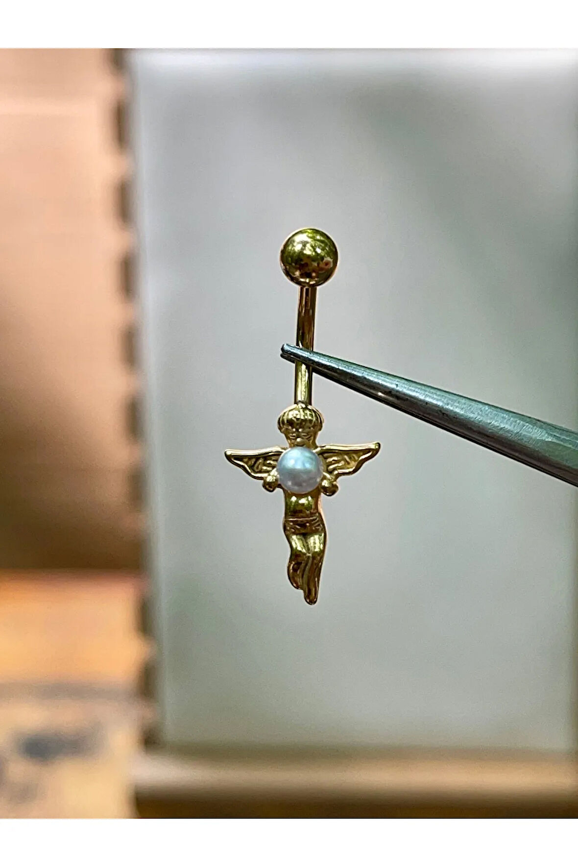 316 L Cerrahi Çelik İncili Melek Modeli Gold Göbek Piercingi