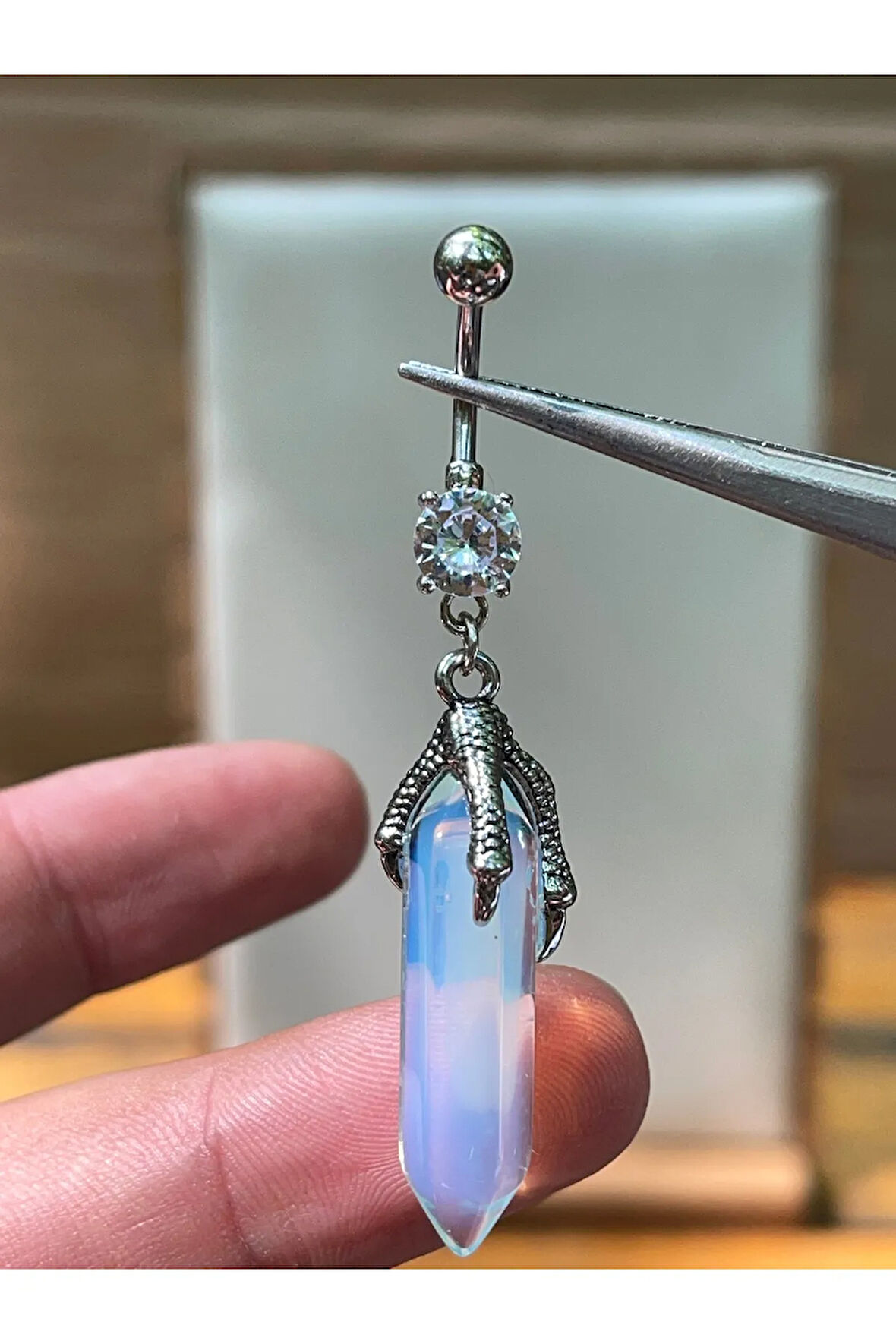 316 L Cerrahi Çelik Zirkon ve Opal Taşlı Pençe Modeli Göbek Piercingi