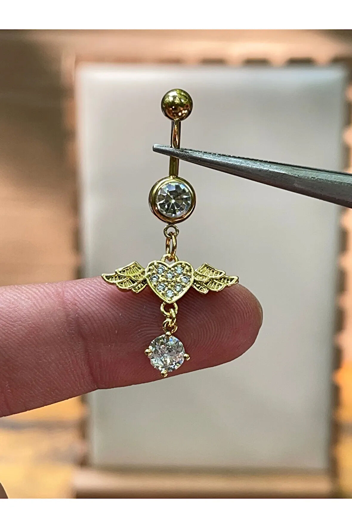 316 L Cerrahi Çelik Kanatlı Kalp Modeli Gold Göbek Piercingi