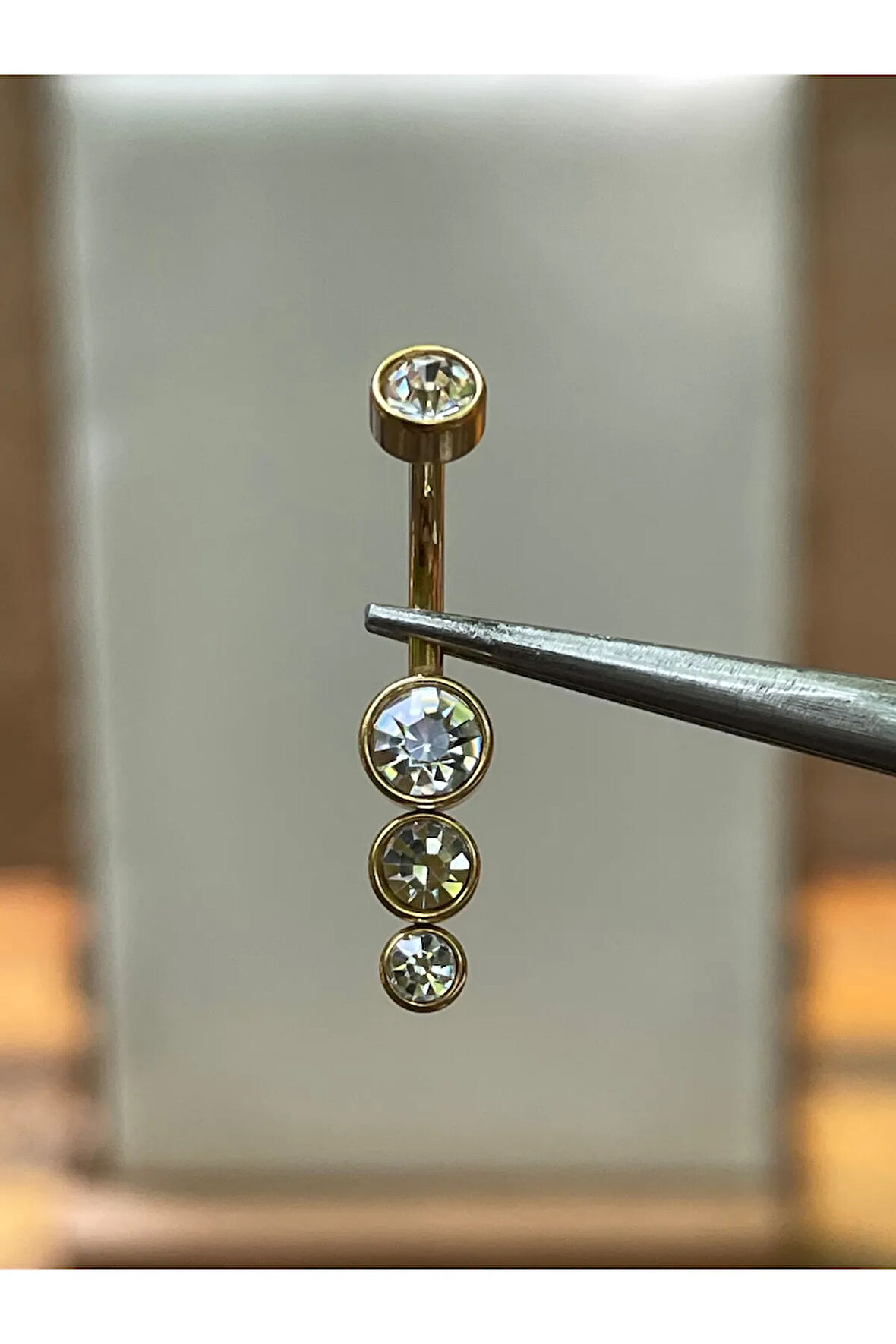 316 L Cerrahi Çelik 3 Taş Modeli Göbek Piercingi Gold