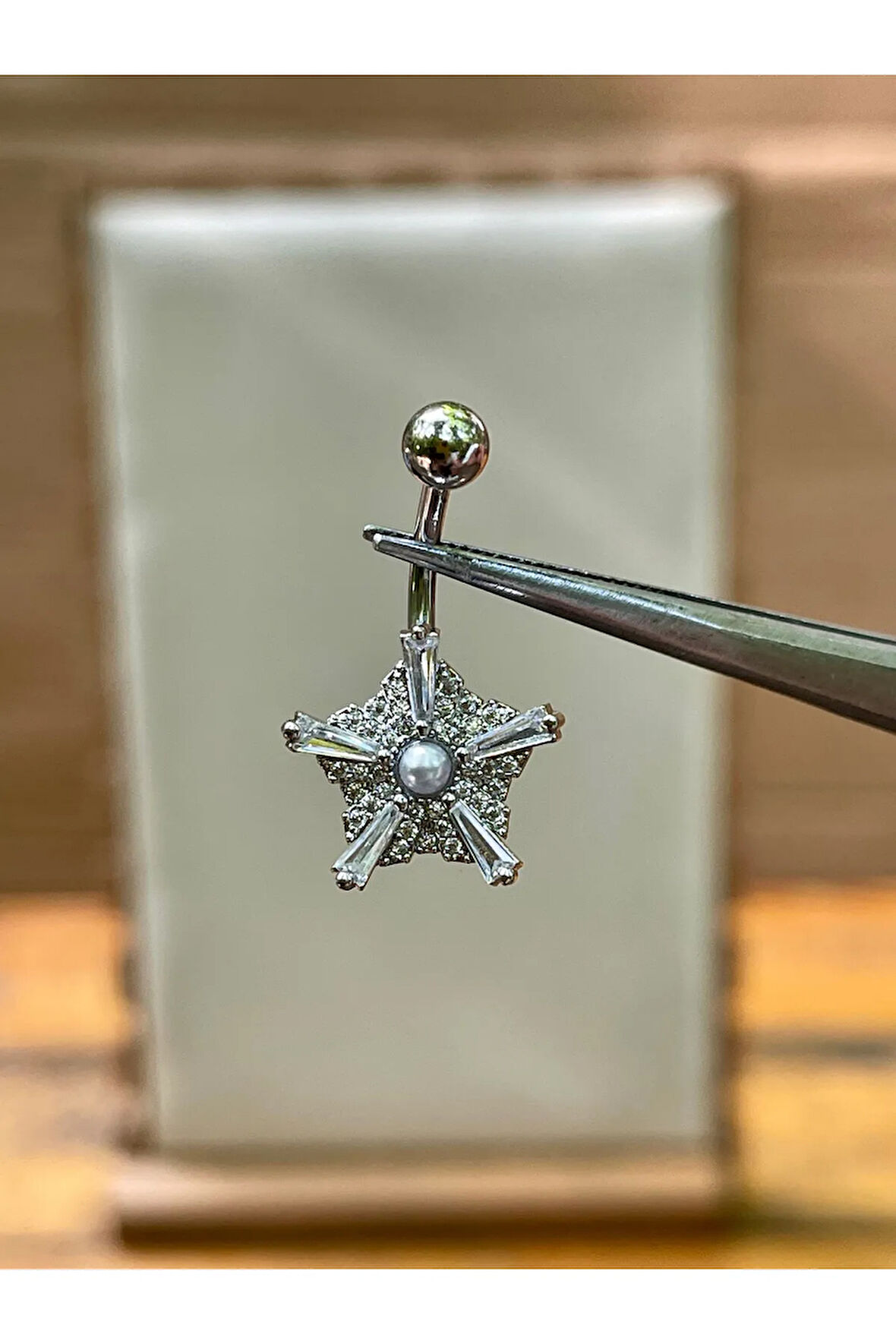 316 L Cerrahi Çelik İncili Zirkon Taşlı Yıldız Modeli Göbek Piercingi