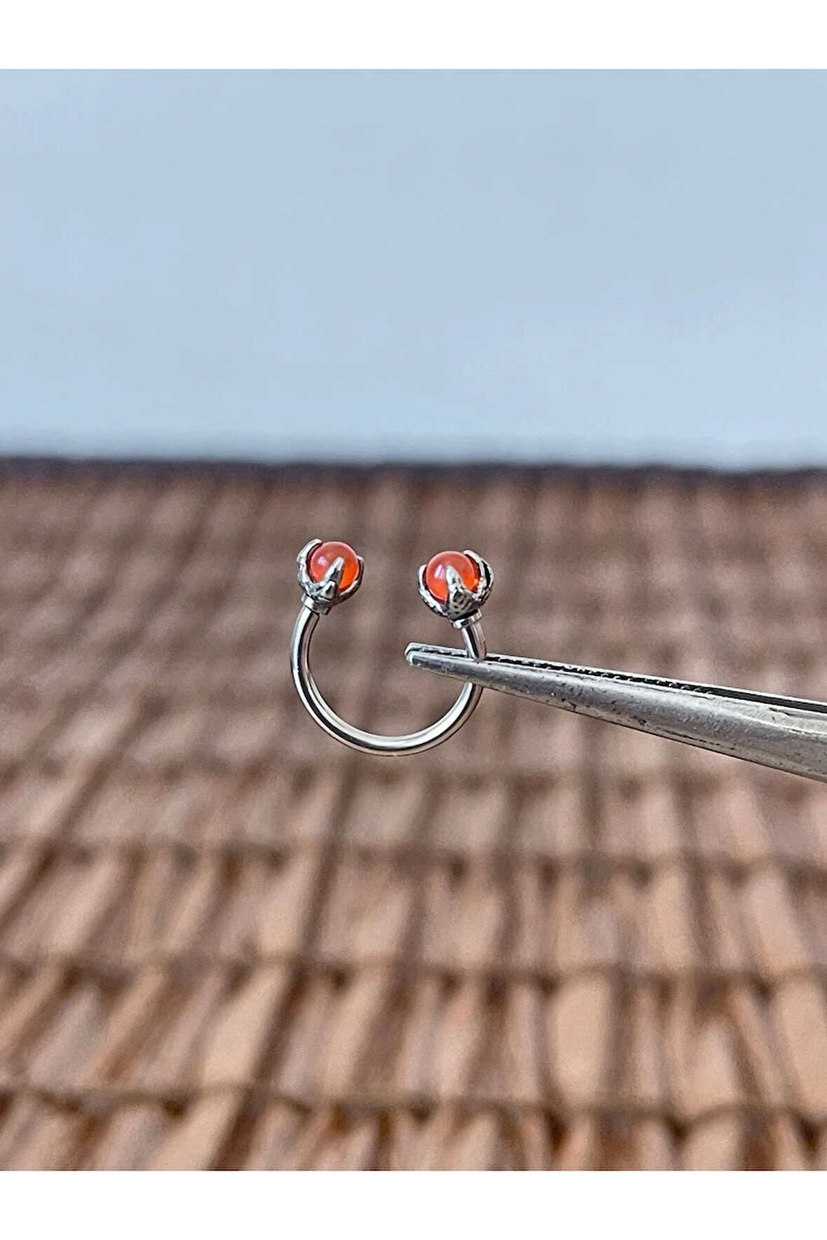 316 L Cerrahi Çelik Anti Alerjik Turuncu Doğal Taşlı Peçne Modeli Halka Piercing 10mm x 1,2mm