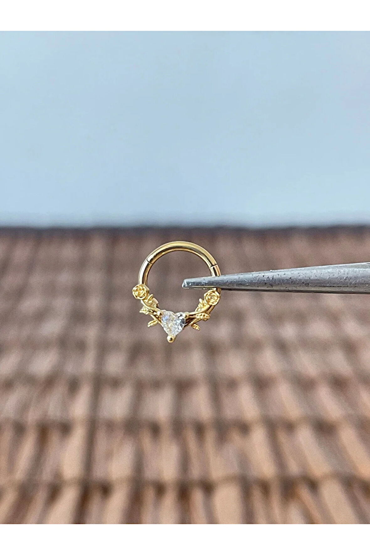 316 L Cerrahi Çelik Güller Ve Zirkon Kalp Kilitli Halka Piercing 8 mm x 1,2 mm