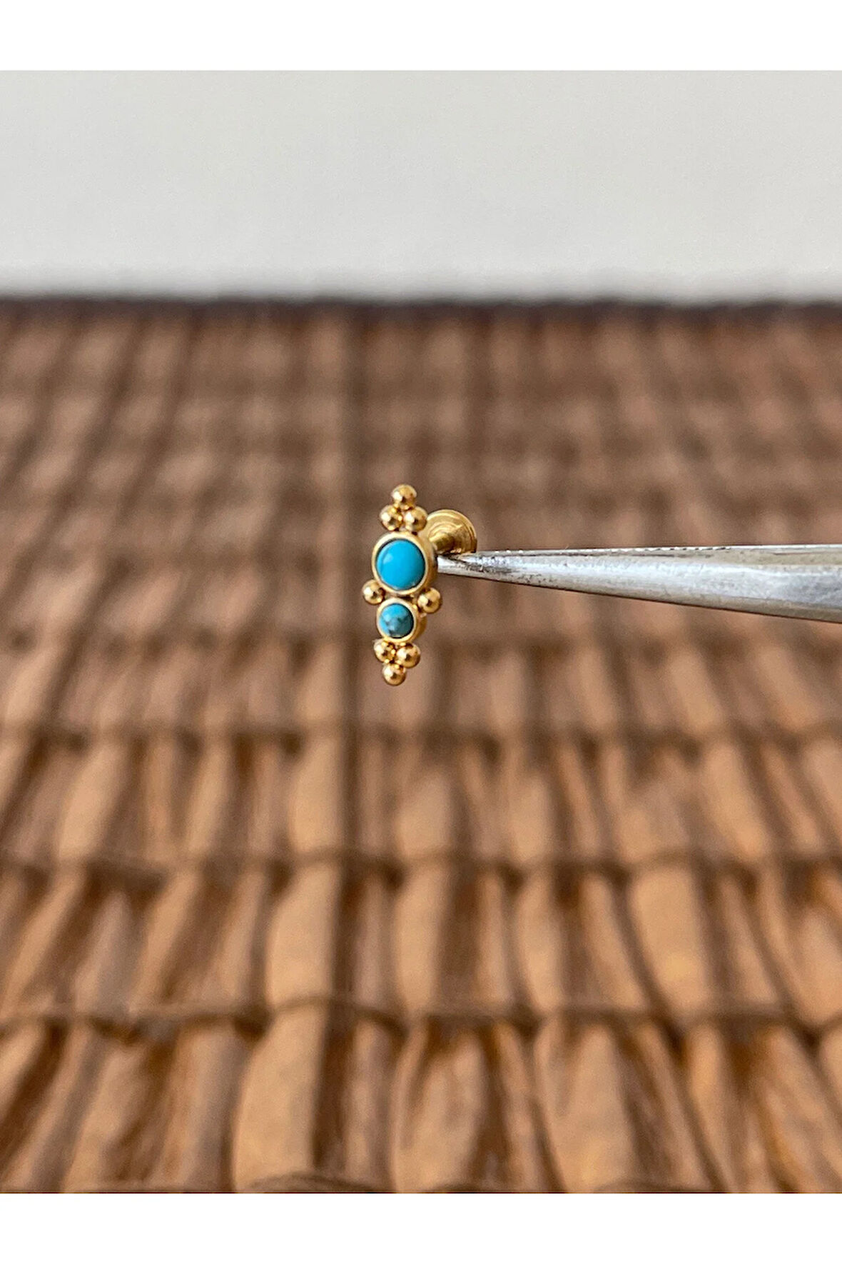 316 L Cerrahi Çelik Anti Alerjik Firuze Taşlı Dudak Kıkırdak Helix Tragus Piercingi 8mmx1,2mm