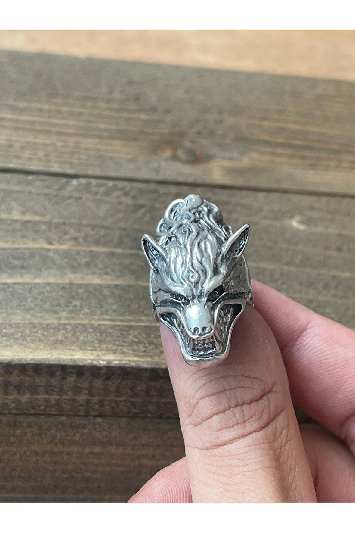 Ayarlanabilir Ölçü 925 Ayar Gümüş Kaplama Kurt Başı Tasarım Yüzük