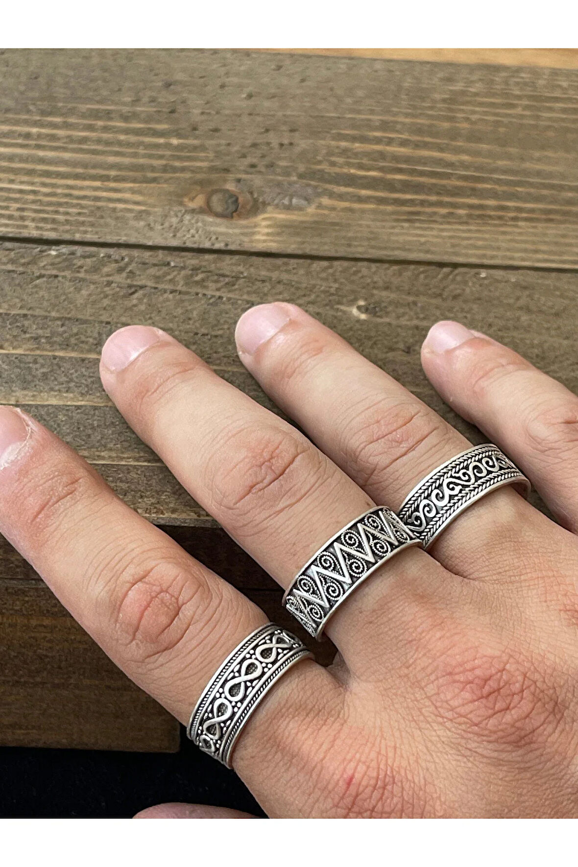 Ayarlanabilir Ölçü 925 Ayar Gümüş Kaplama Klasik Desen İşçilikli 3lü Tasarım Yüzük