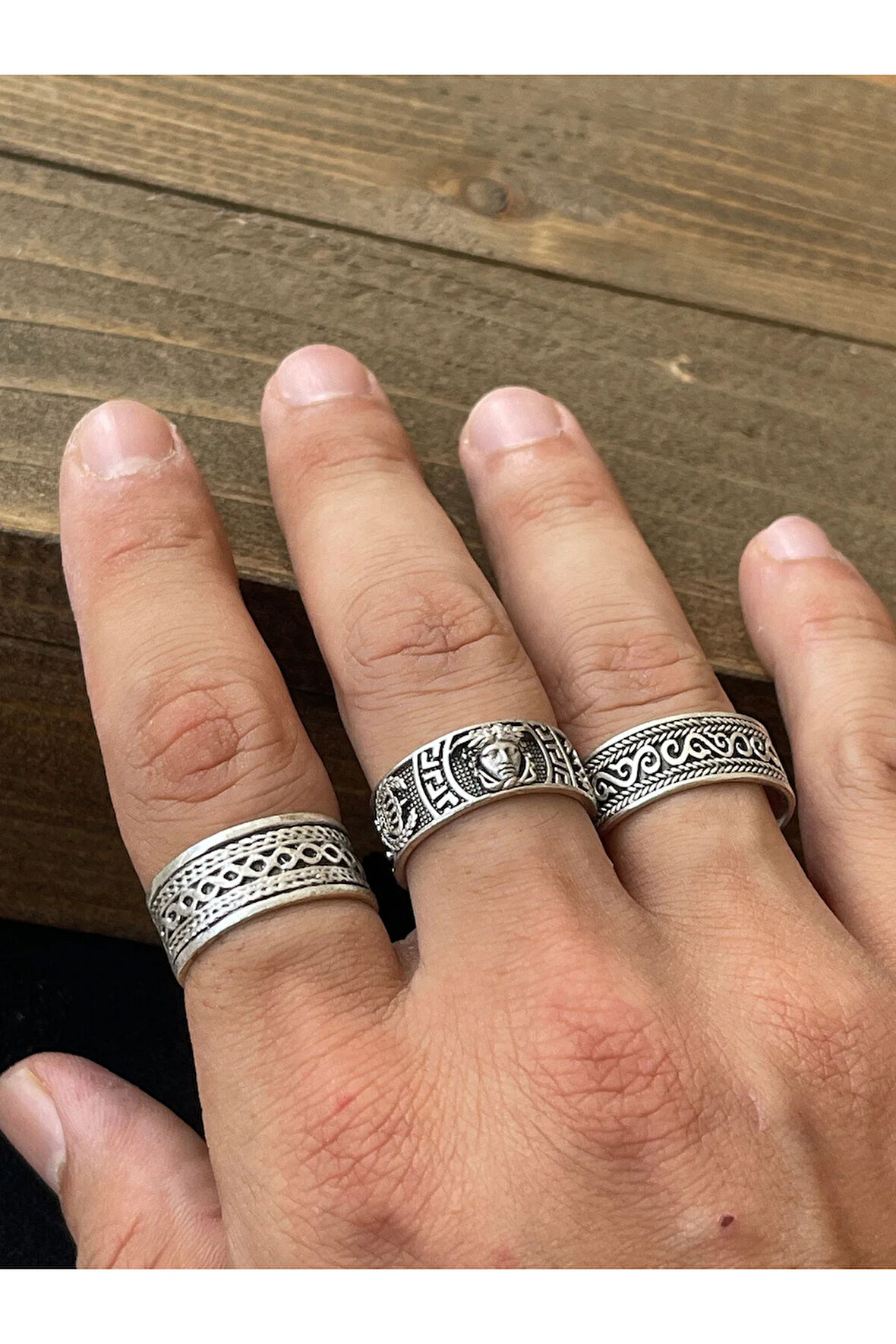 Ayarlanabilir Ölçü 925 Ayar Gümüş Kaplama Klasik Desen İşçilikli 3lü Tasarım Yüzük