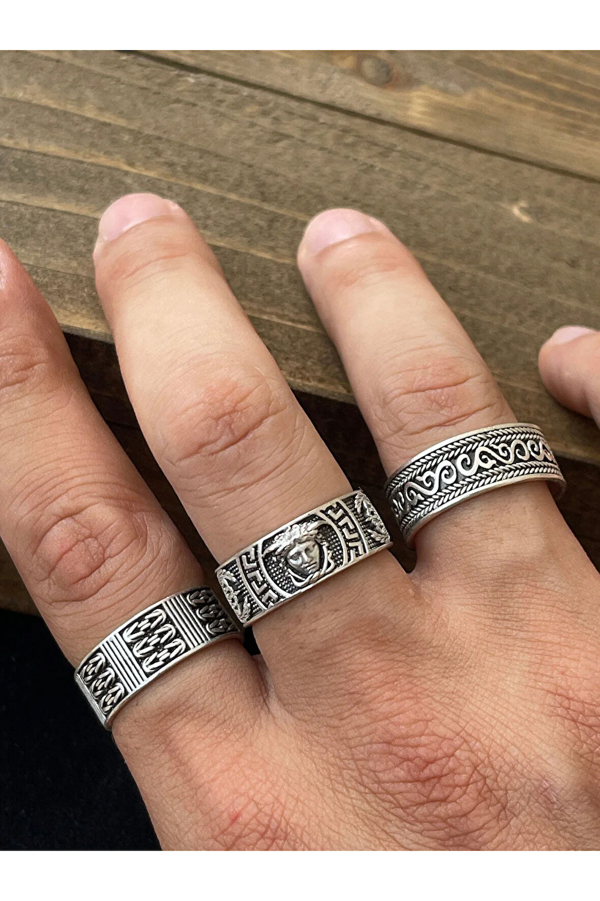 Ayarlanabilir Ölçü 925 Ayar Gümüş Kaplama Klasik Desen İşçilikli 3lü Tasarım Yüzük