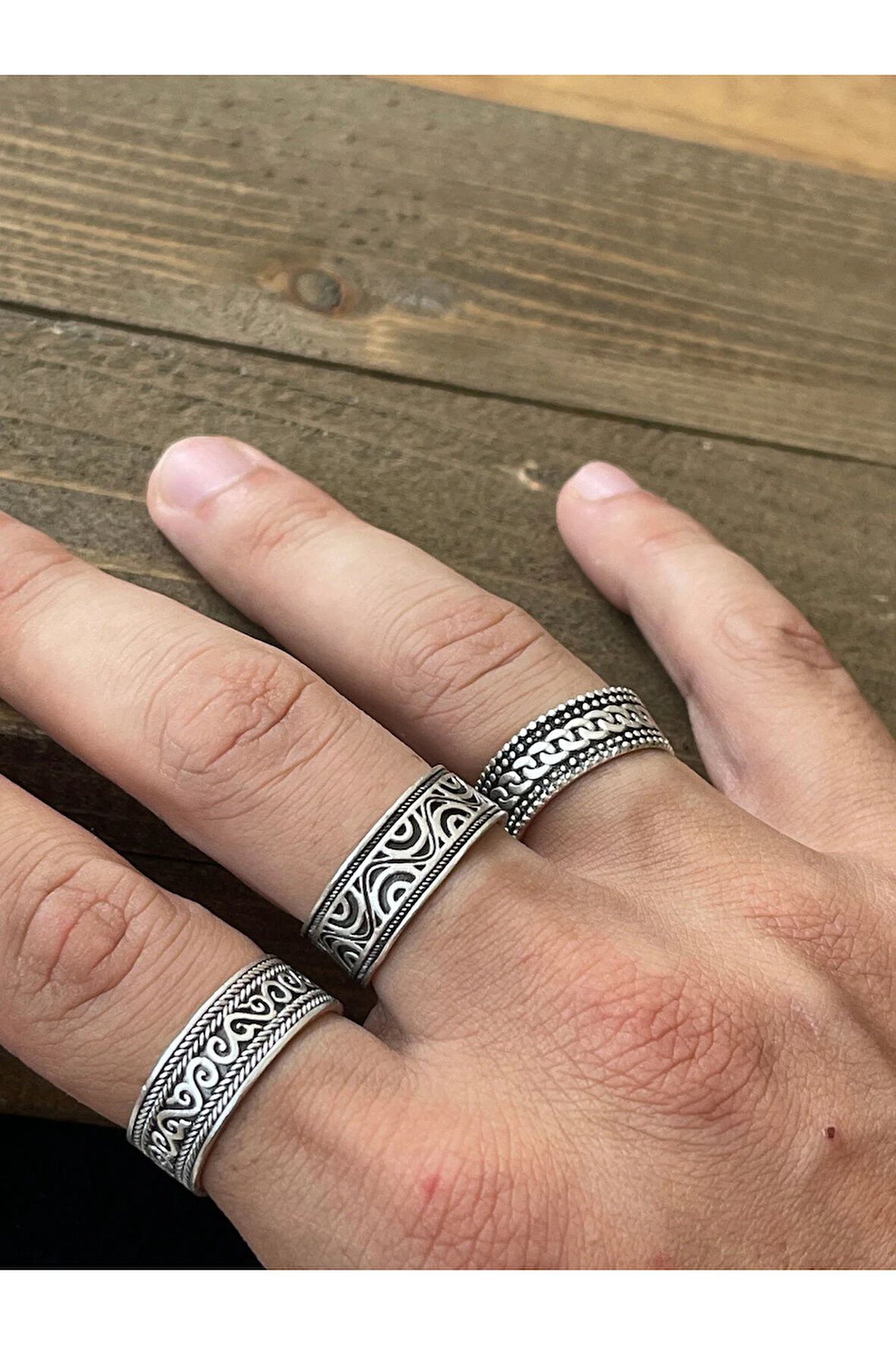 Ayarlanabilir Ölçü 925 Ayar Gümüş Kaplama Klasik Desen İşçilikli 3lü Tasarım Yüzük