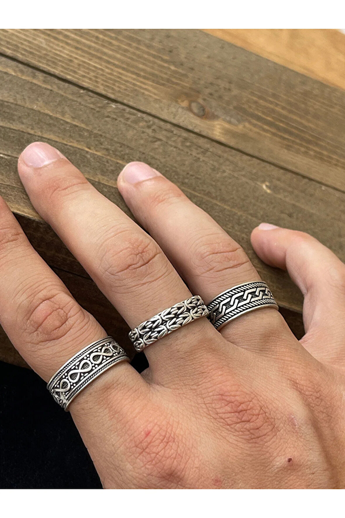 Ayarlanabilir Ölçü 925 Ayar Gümüş Kaplama Klasik Desen İşçilikli 3lü Tasarım Yüzük