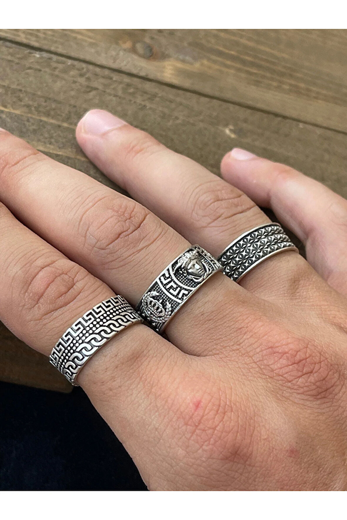 Ayarlanabilir Ölçü 925 Ayar Gümüş Kaplama Klasik Desen İşçilikli 3lü Tasarım Yüzük