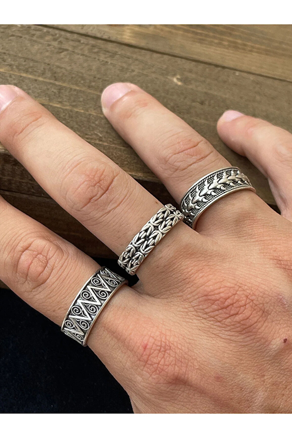 Ayarlanabilir Ölçü 925 Ayar Gümüş Kaplama Klasik Desen İşçilikli 3lü Tasarım Yüzük