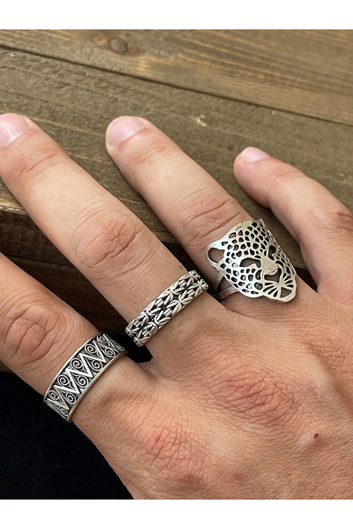 Ayarlanabilir Ölçü 925 Ayar Gümüş Kaplama Klasik Desen İşçilikli 3lü Tasarım Yüzük