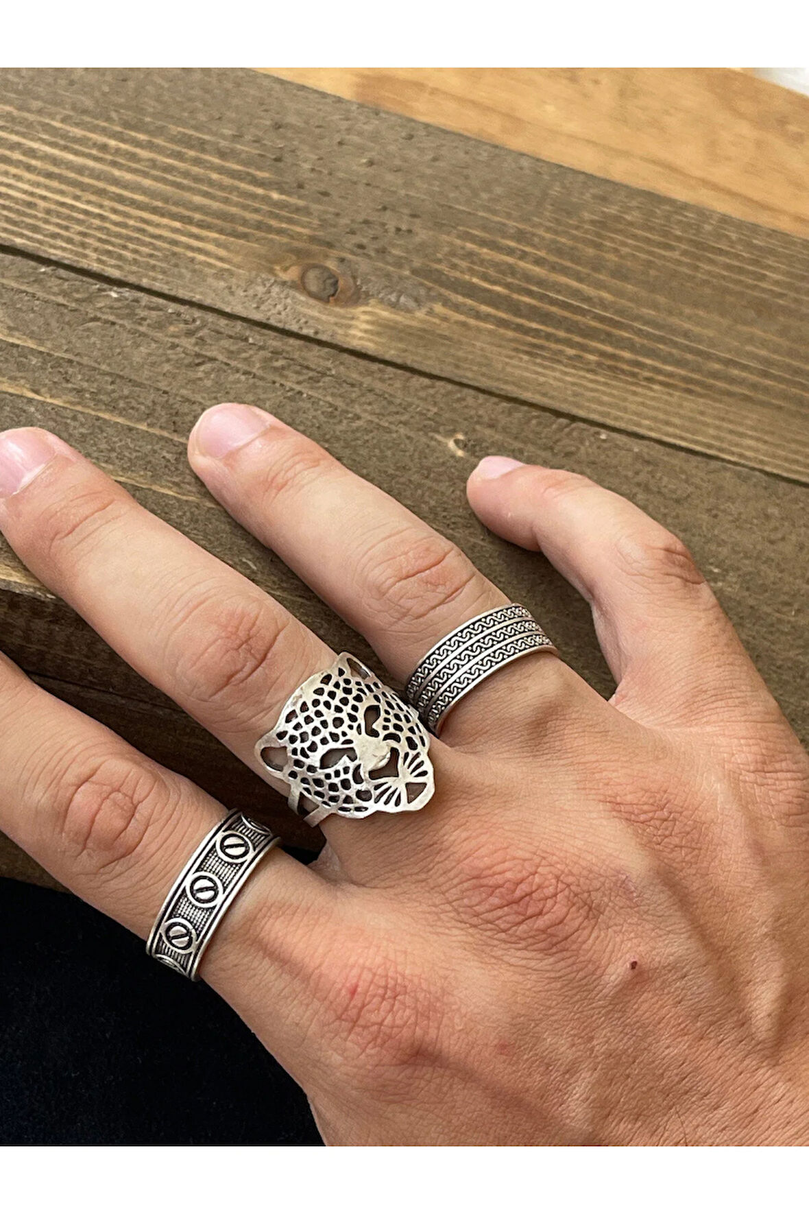 Ayarlanabilir Ölçü 925 Ayar Gümüş Kaplama Klasik Desen İşçilikli 3lü Tasarım Yüzük