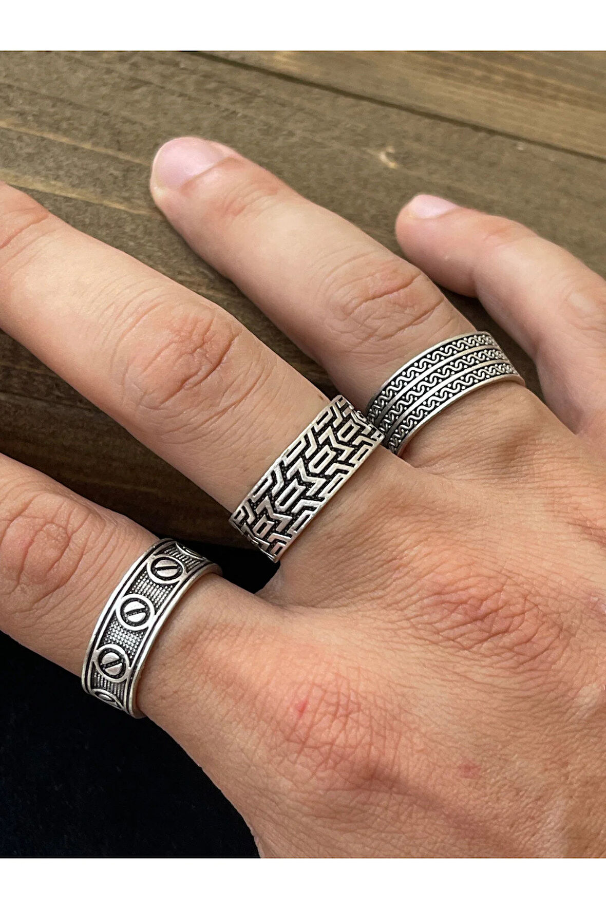 Ayarlanabilir Ölçü 925 Ayar Gümüş Kaplama Klasik Desen İşçilikli 3lü Tasarım Yüzük