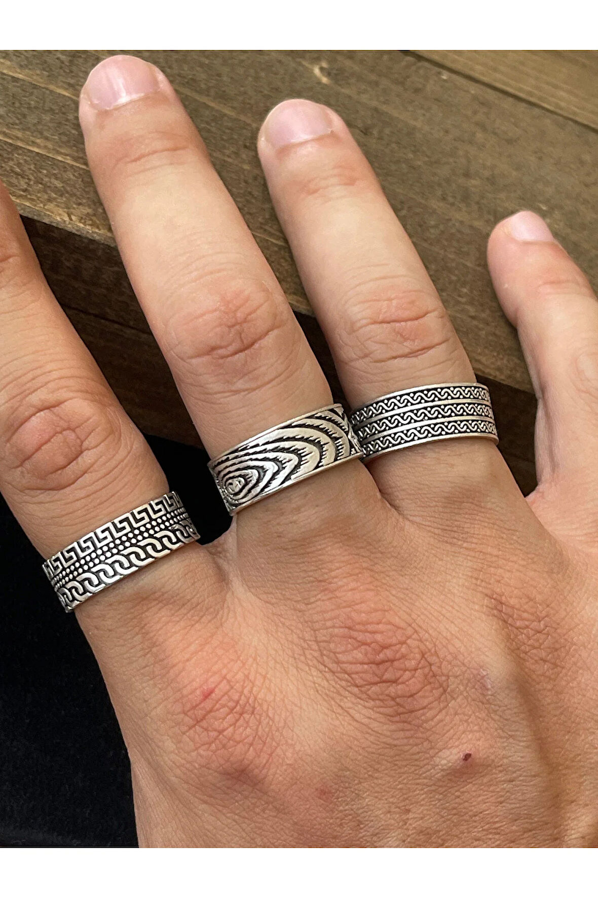 Ayarlanabilir Ölçü 925 Ayar Gümüş Kaplama Klasik Desen İşçilikli 3lü Tasarım Yüzük