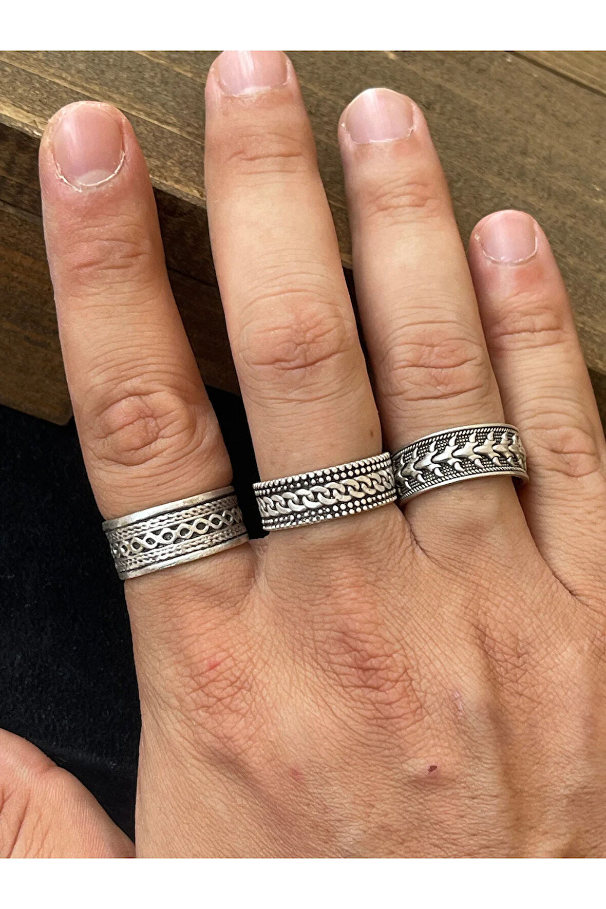 Ayarlanabilir Ölçü 925 Ayar Gümüş Kaplama Klasik Desen İşçilikli 3lü Tasarım Yüzük