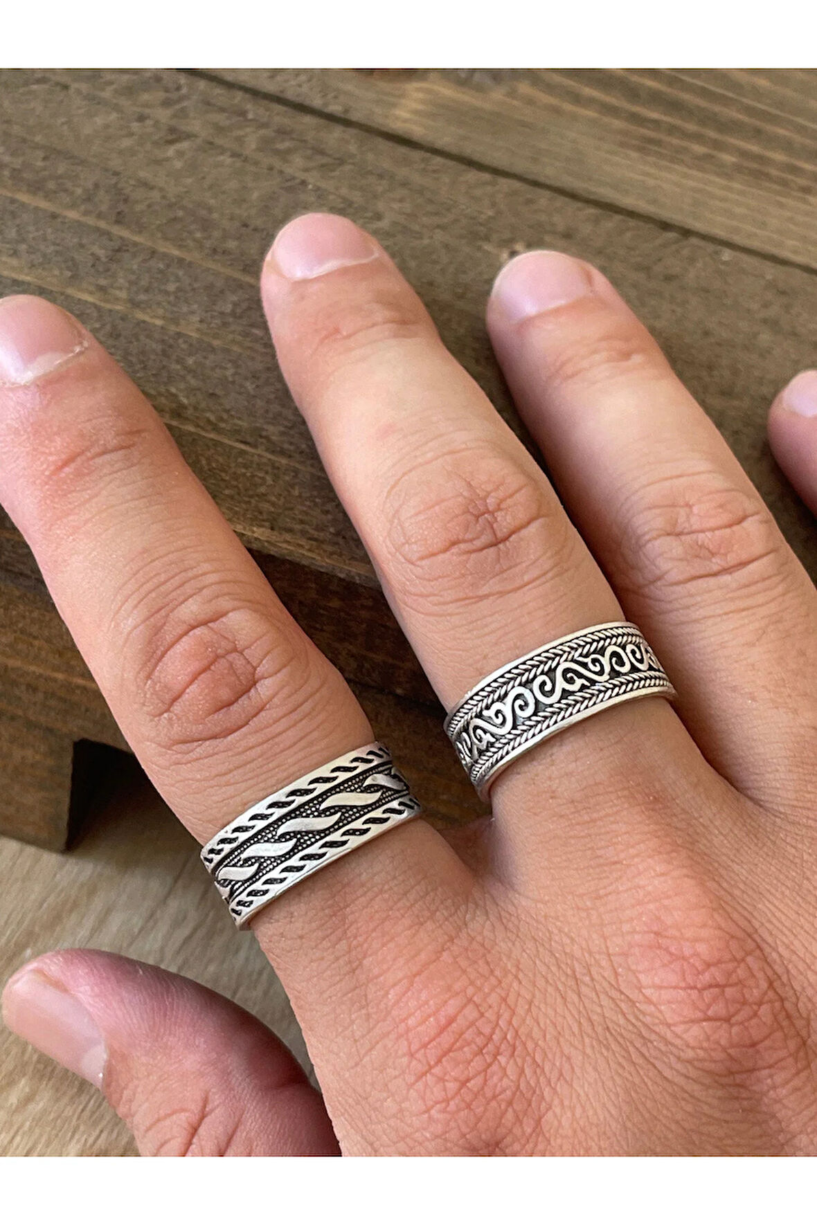 Ayarlanabilir Ölçü 925 Ayar Gümüş Kaplama İşçilikli 2li Yüzük Set