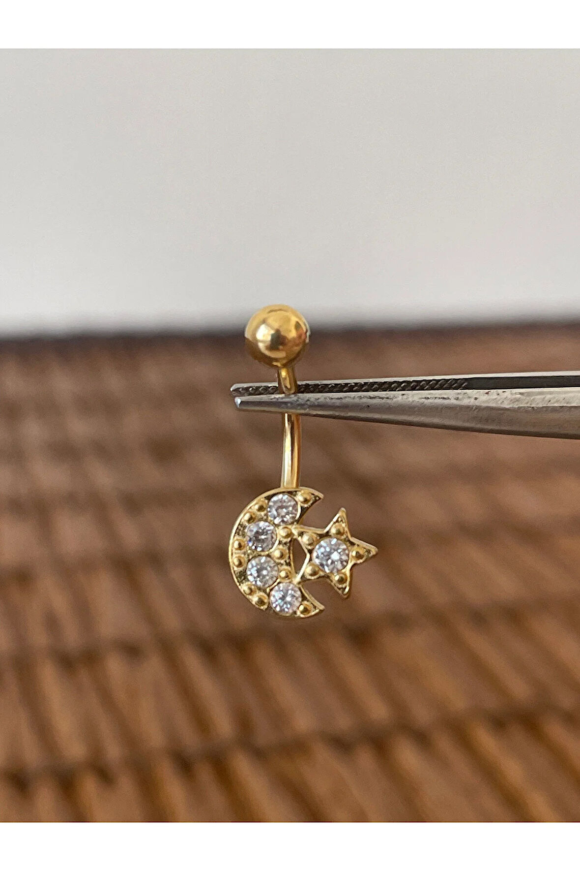 316 L Cerrahi Çelik Zirkon Taşlı Hilal Yıldız Göbek Piercingi