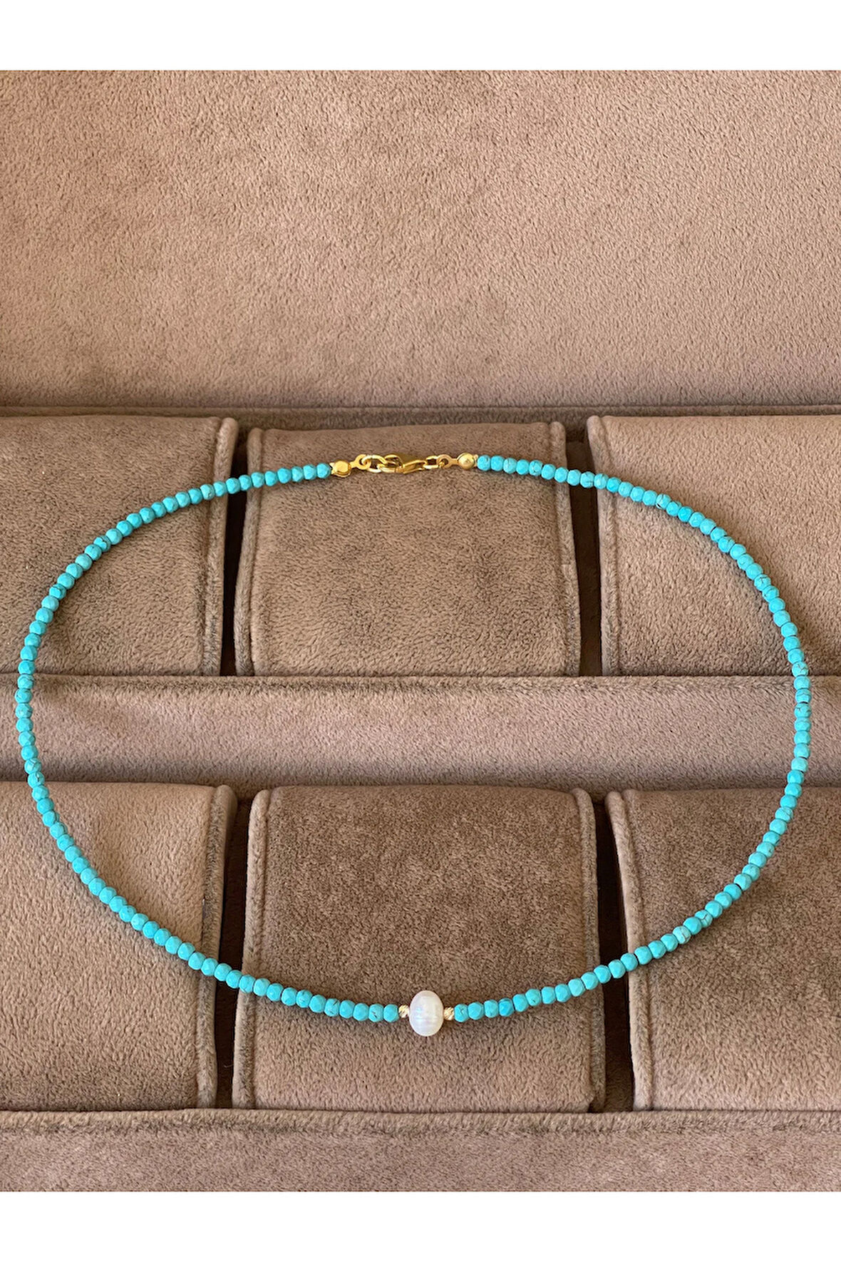 14 Ayar Çift Altın Dorika Detaylı Doğal Turkuaz Ve Natural İncili Özel Altın Kolye