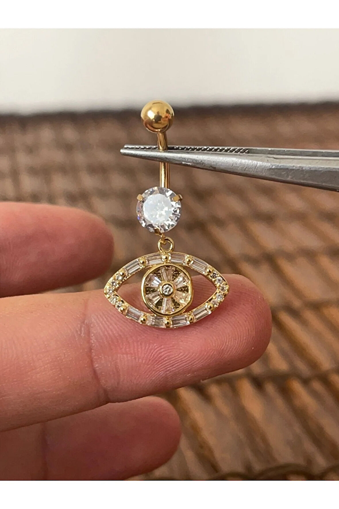 316 L Cerrahi Çelik Parlak Zirkon Taşlı Göz Modeli Göbek Piercingi