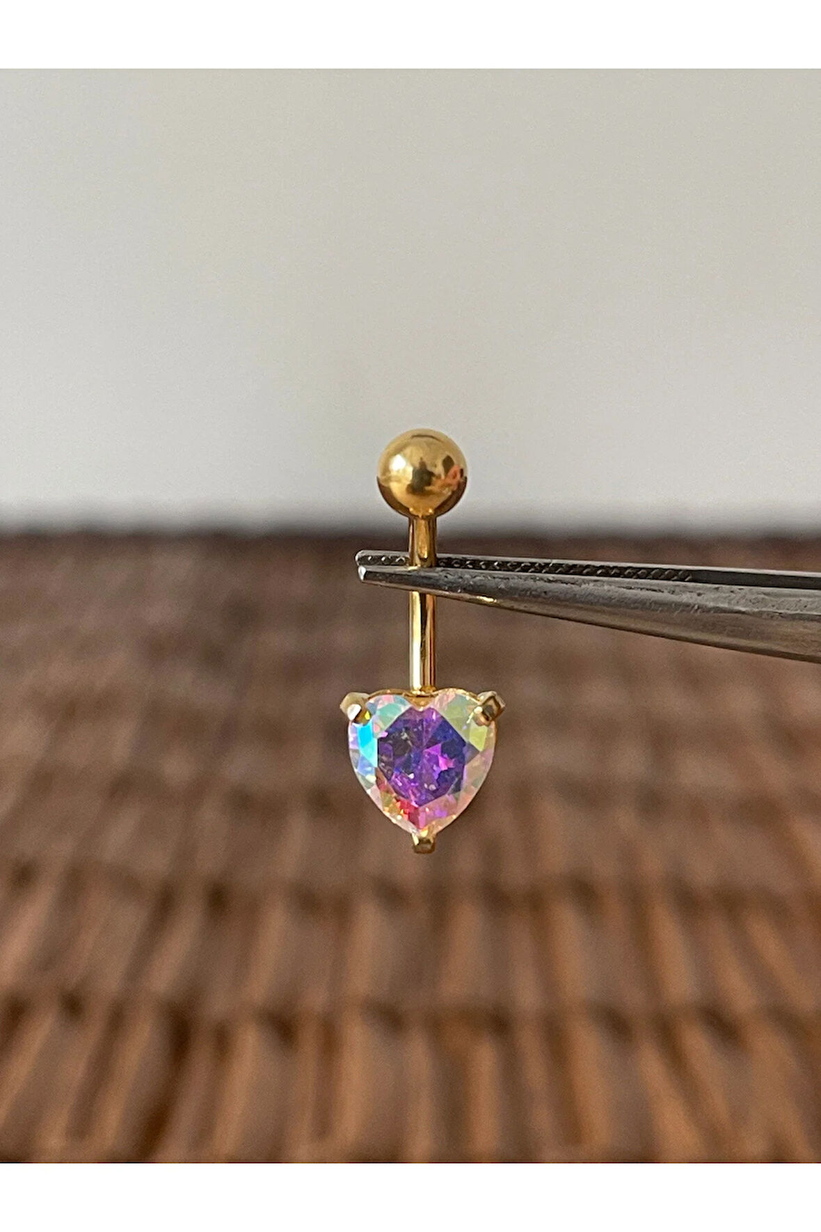 316 L Cerrahi Çelik Parlak Zirkon Taşlı Kalp Modeli Göbek Piercingi