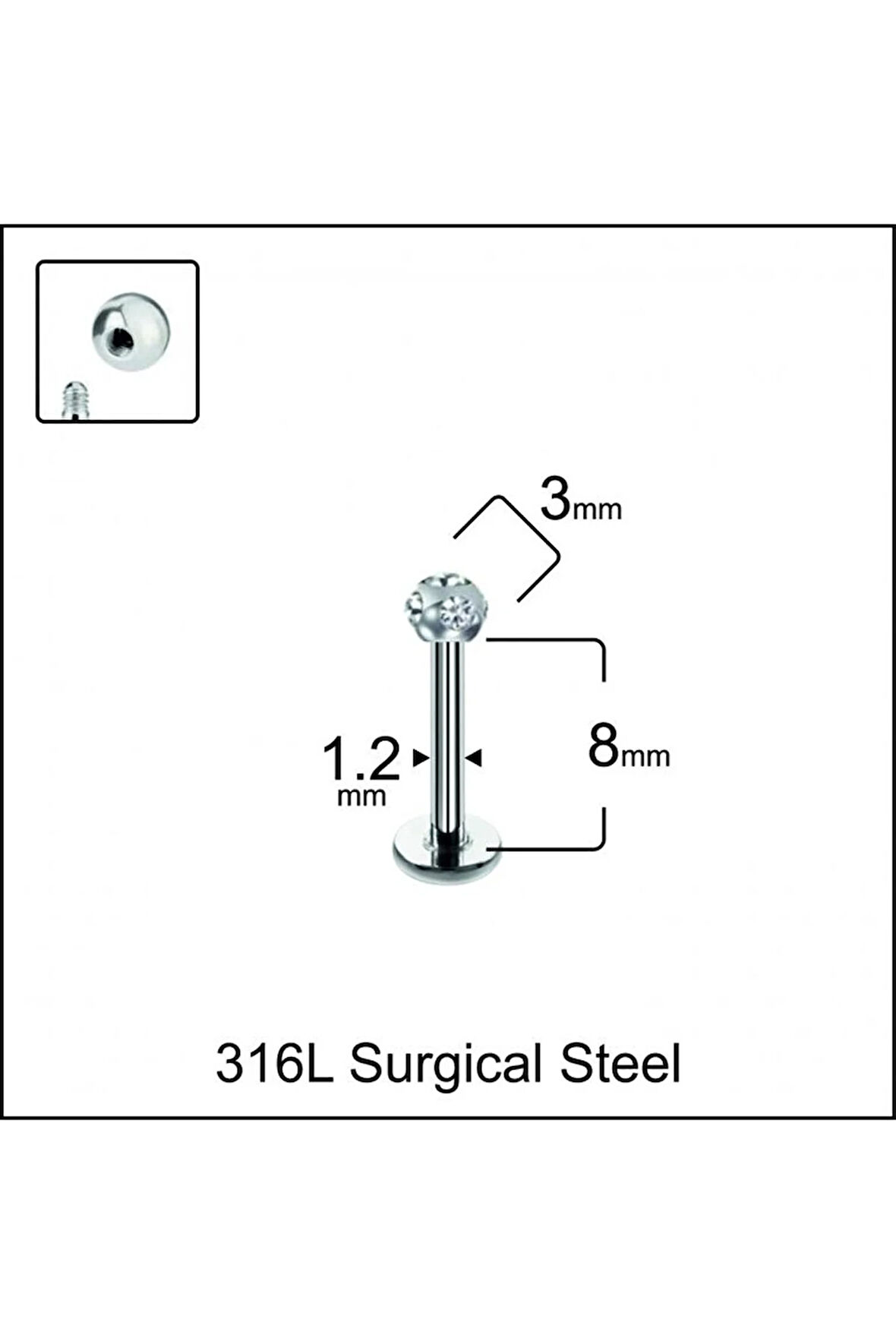 316 L Cerrahi Çelik Taşlı Minimal Tasarım DudakHelix Tragus Kıkırdak Conch Piercingi