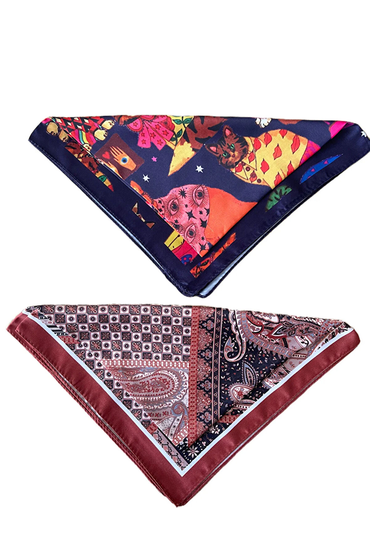 2 Li Saten Bandana Seti Saten Fular Saten Çanta Aksesuarı Özel Desen Bandana 45X50 Cm