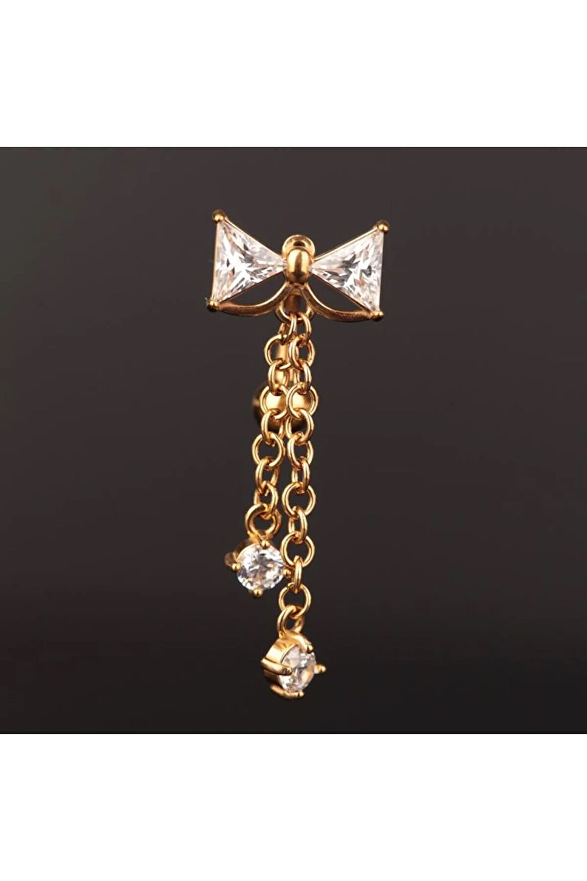 316 L Cerrahi Çelik Ters Model Zirkon Taşlı Sallantılı Papyon Göbek Piercingi