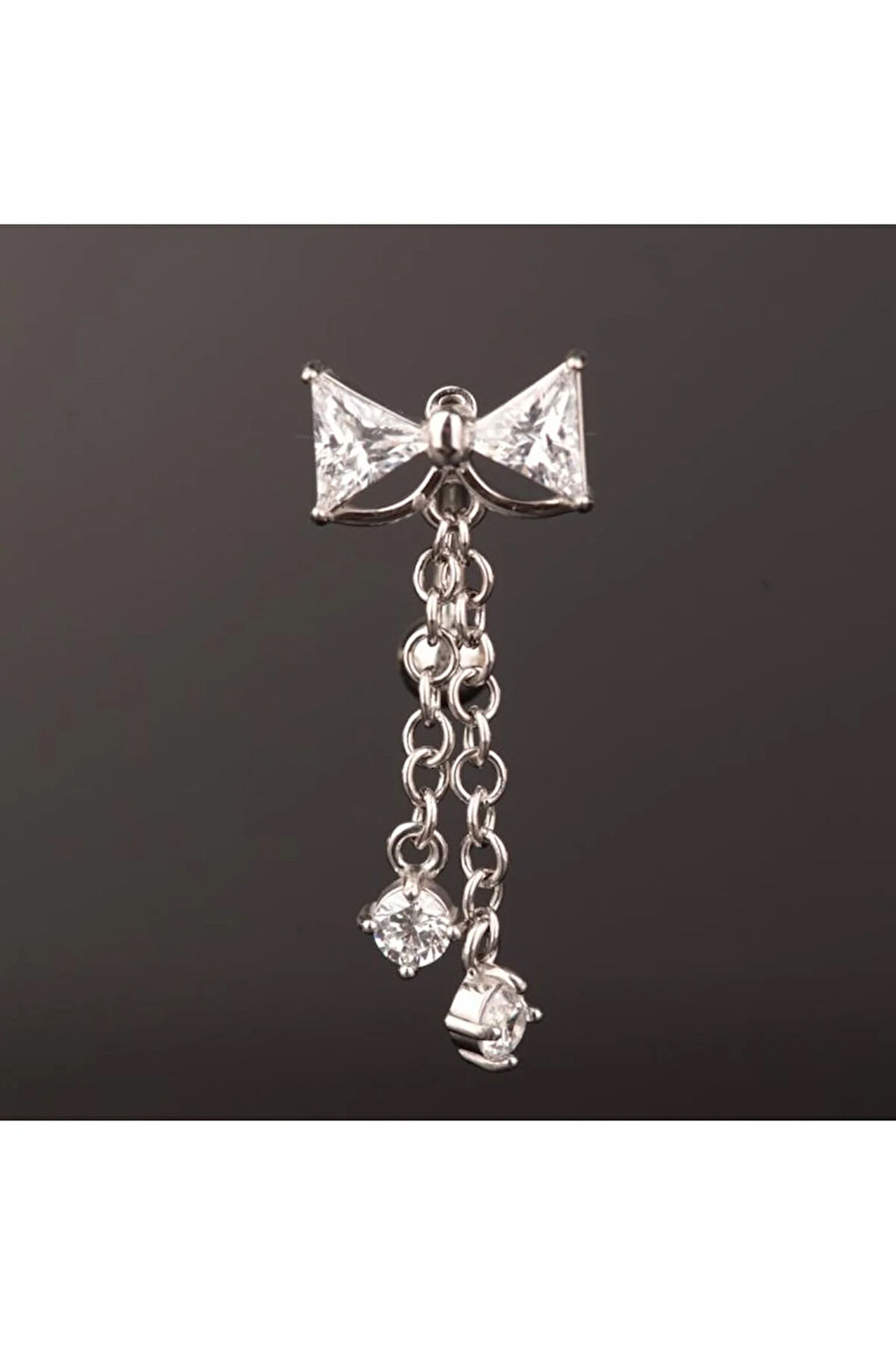 316 L Cerrahi Çelik Ters Model Zirkon Taşlı Sallantılı Papyon Göbek Piercingi