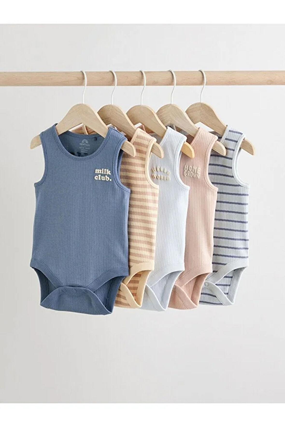 %100 Pamuklu Mavi Krem Baskılı 5'li Body Zıbın Set