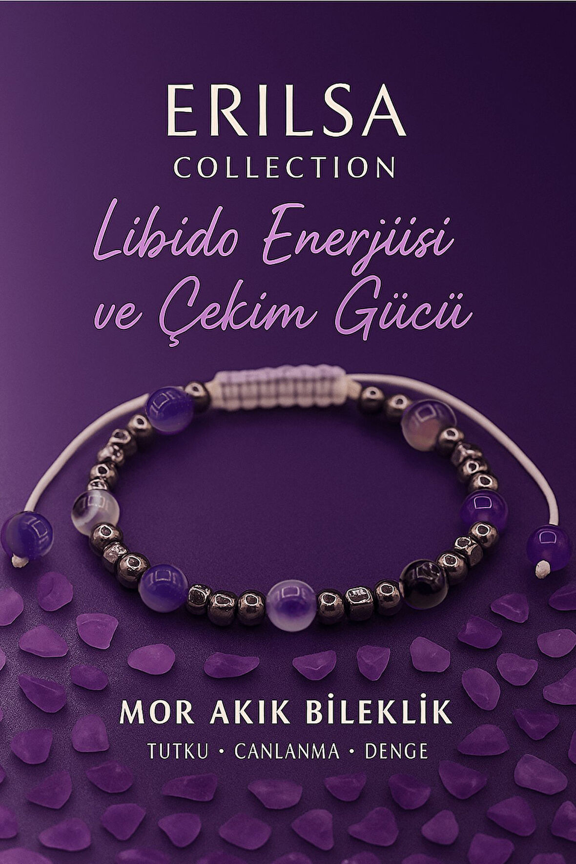 Sertifikalı Libido Enerjisi Artırma  Çekim Gücü Bilekliği - Mor Akik ve Terahertz 6 mm Doğal Taş