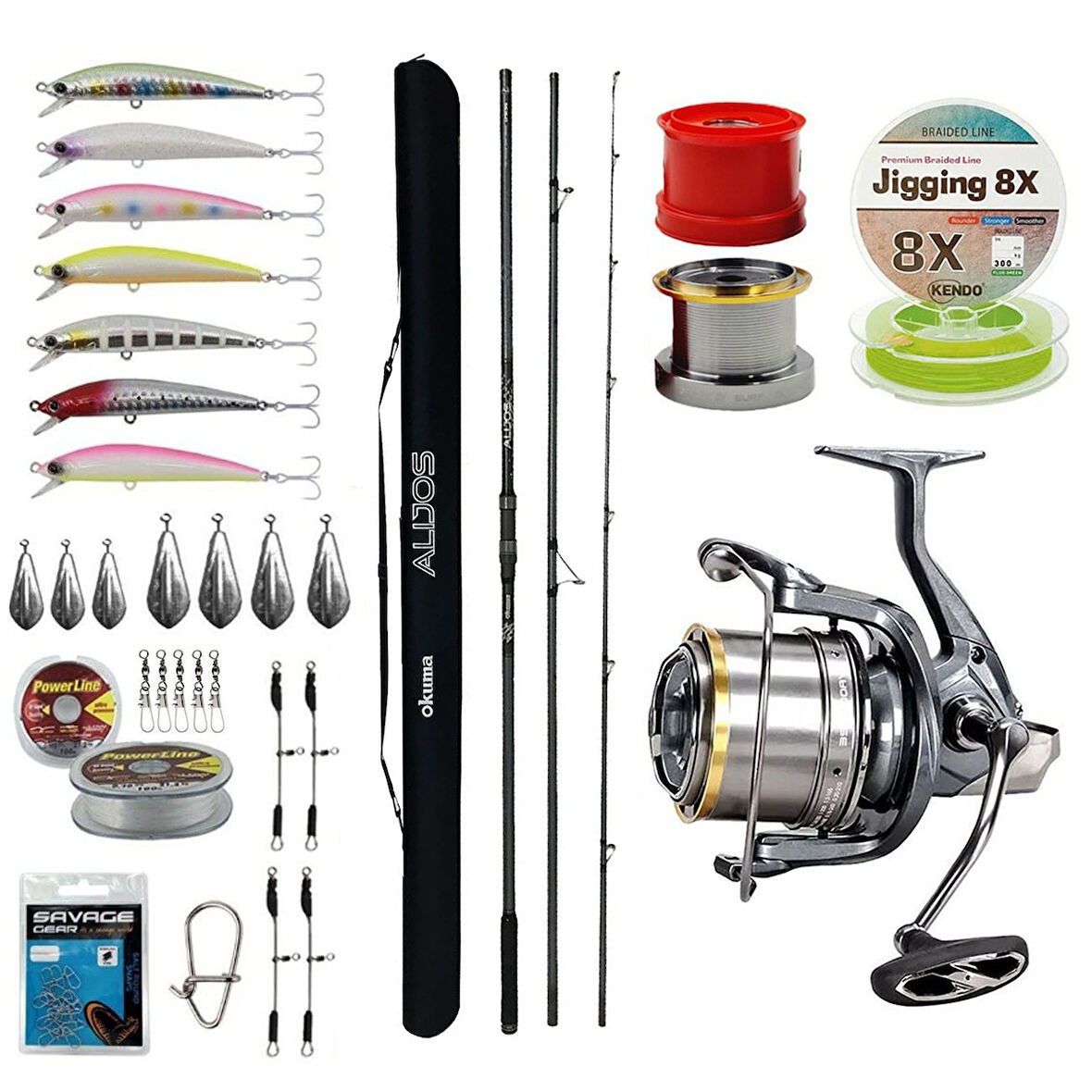 YekOutdoor Yüksek Performans Okuma Olta Seti Okuma Alijos Surf 435 cm 100+250 gr 3 Parça&Okuma Flite Surf FLS35-1500AY Gunsmoke 9+1BB Olta Makinesi