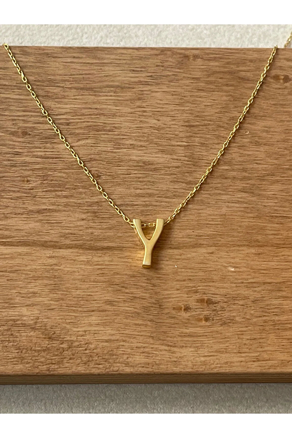 925 Ayar Gümüş Gold Renk Y Harfi Kolye Harfli Kolye 45cm