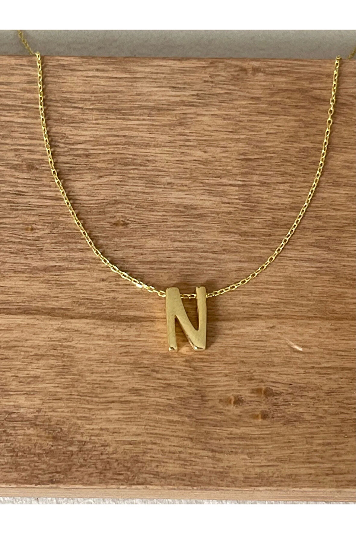 925 Ayar Gümüş Gold Renk N Harfi Kolye Harfli Kolye 45cm