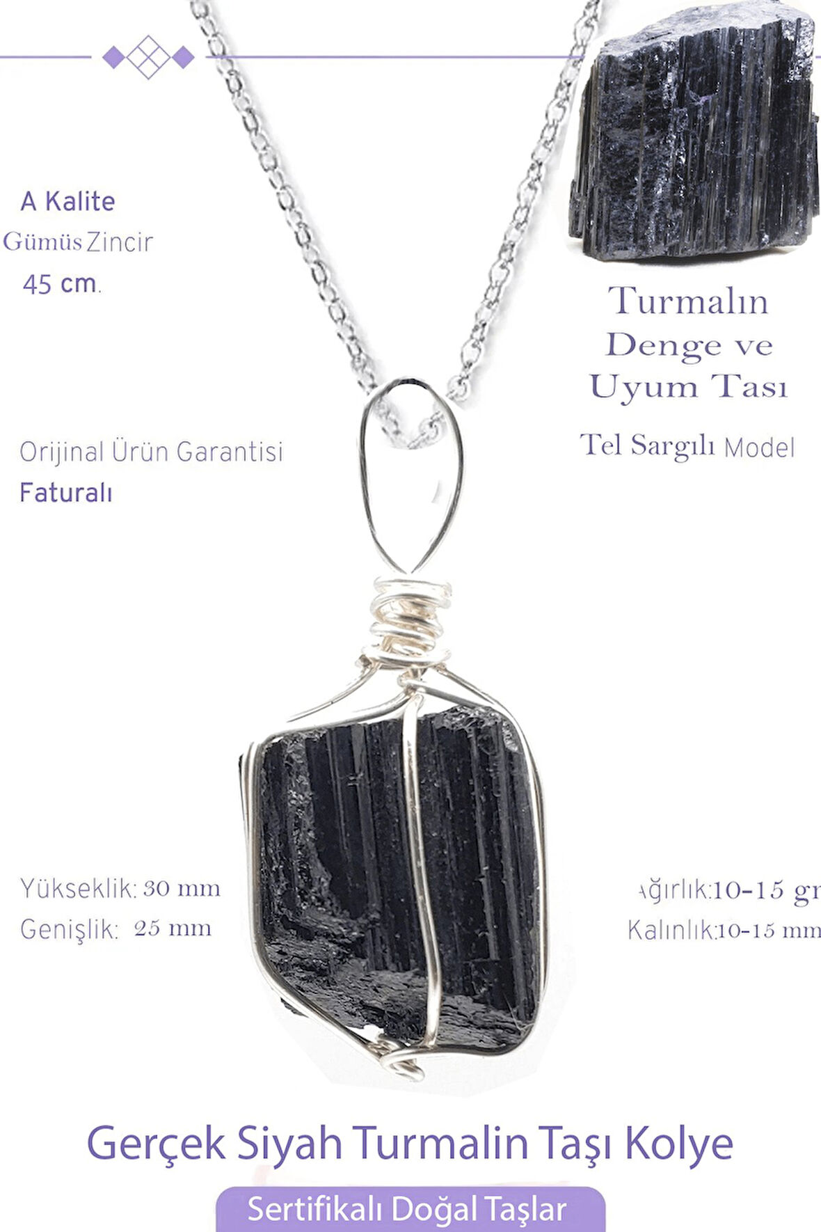 Sertifikalı Tel Sargılı Ham İşlenmemiş Turmalin Taşı Kolye