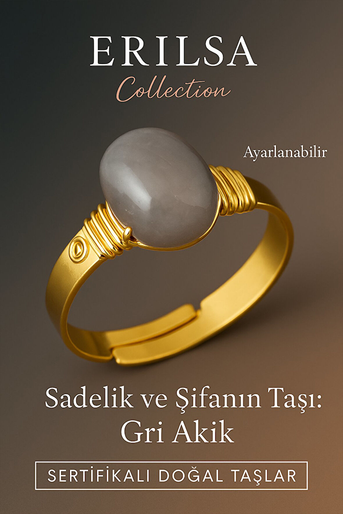 Sertifikalı Doğal Gri Akik Taşı Yüzük – Kalın Tımbıl Kasa Gold Renk Ayarlanabilir