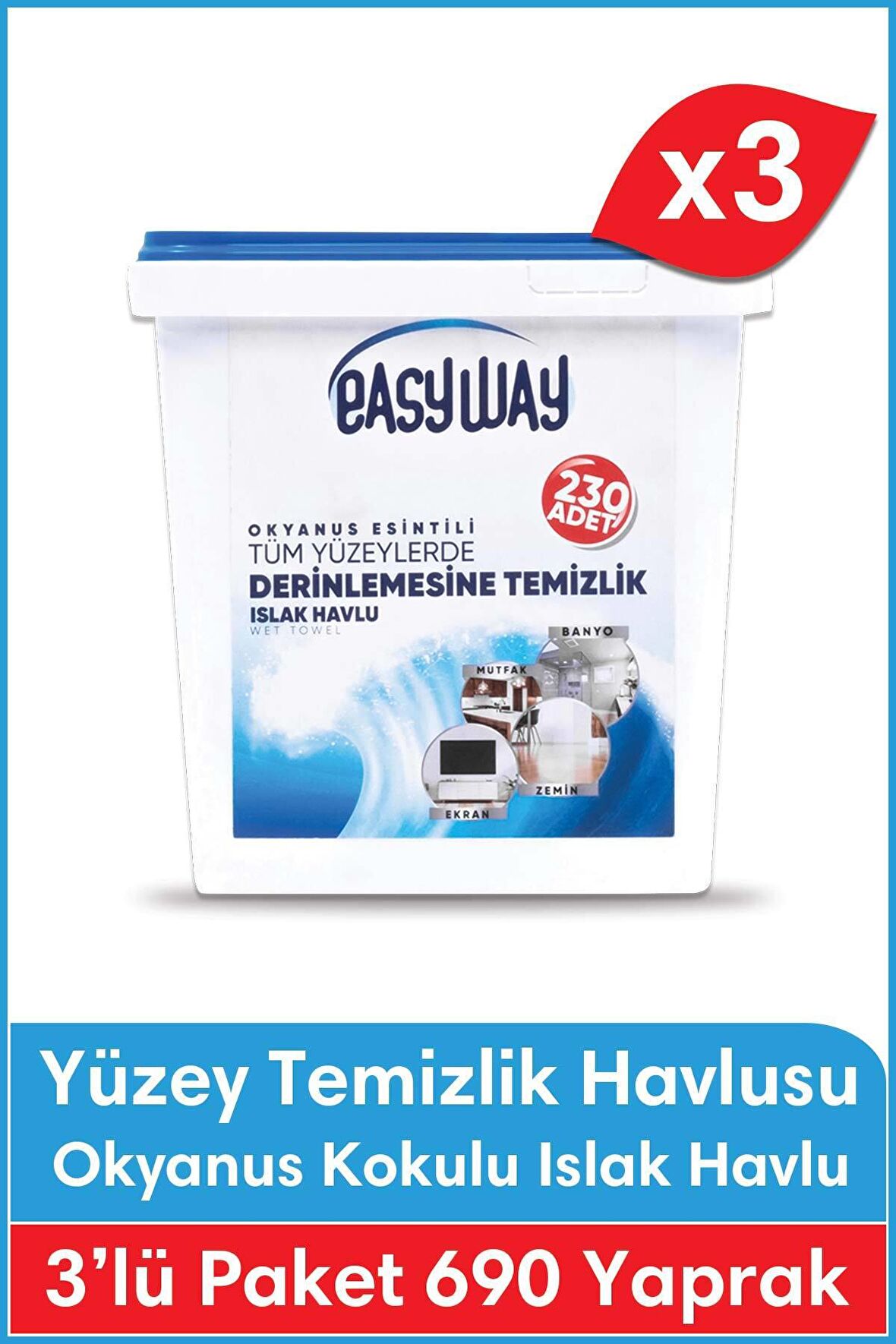 Okyanus Esintili Kokulu - Yüzey Temizlik Havlusu 3lü FIRSAT PAKETİ - 230 Yaprak x 3 Adet