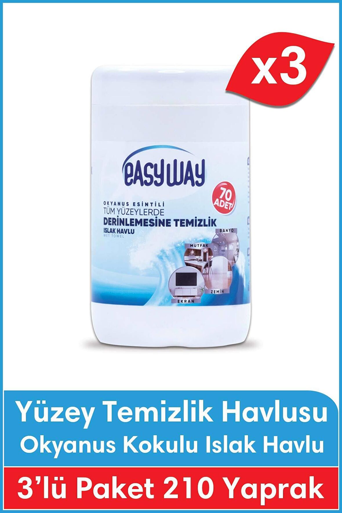 Okyanus Esintili Kokulu - Yüzey Temizlik Havlusu 3lü FIRSAT PAKETİ - 70 Yaprak x 3 Adet