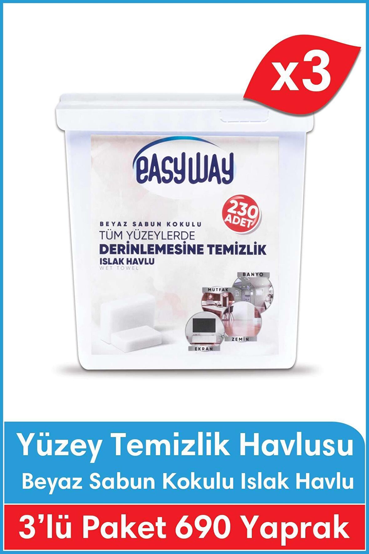 Beyaz Sabun Kokulu - Yüzey Temizlik Havlusu 3lü FIRSAT PAKETİ - 230 Yaprak x 3 Adet