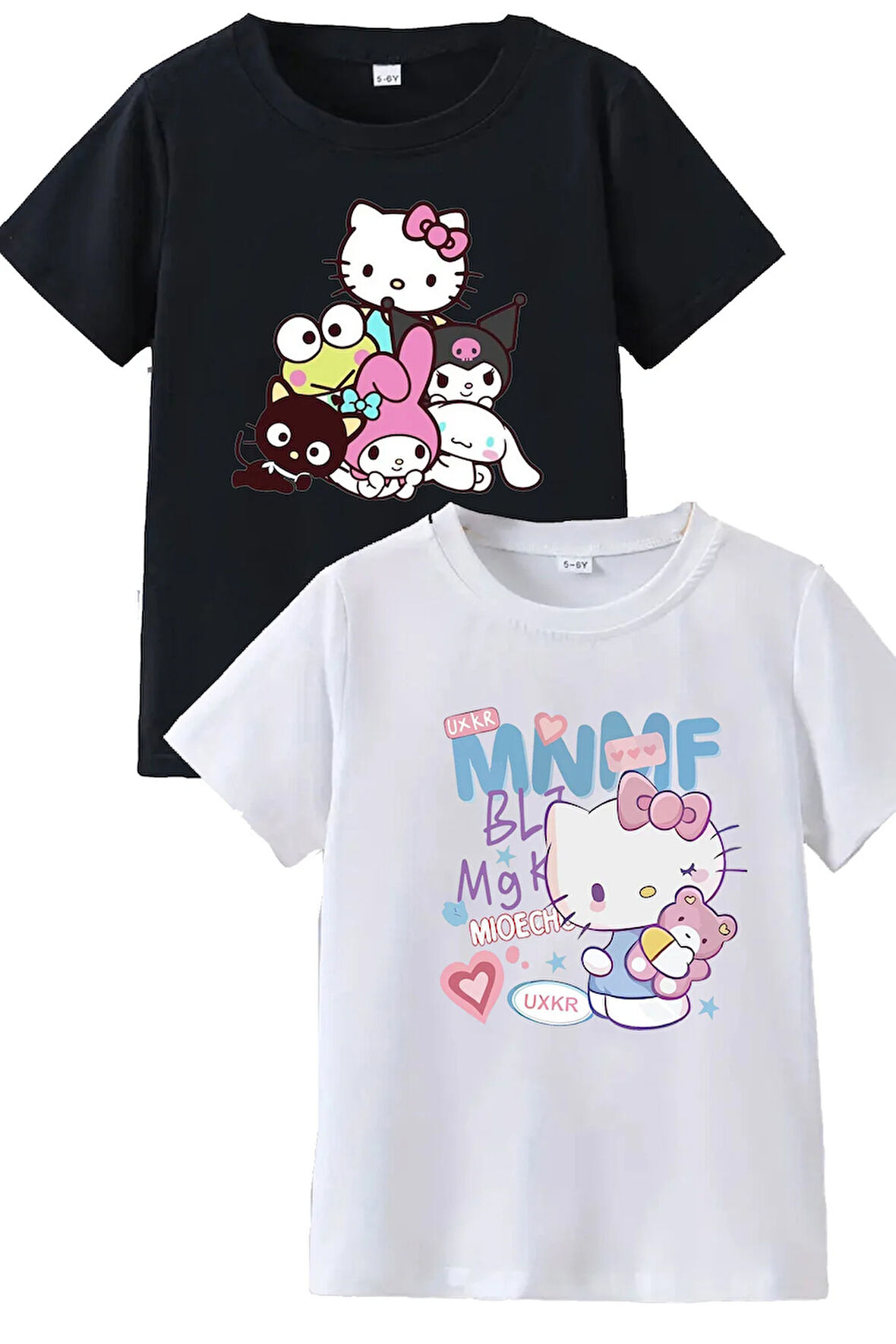 2li Kaliteli Pamuk Penye Kadın Baskılı Tshirt Hello Kitty Siyah Beyaz Tişört