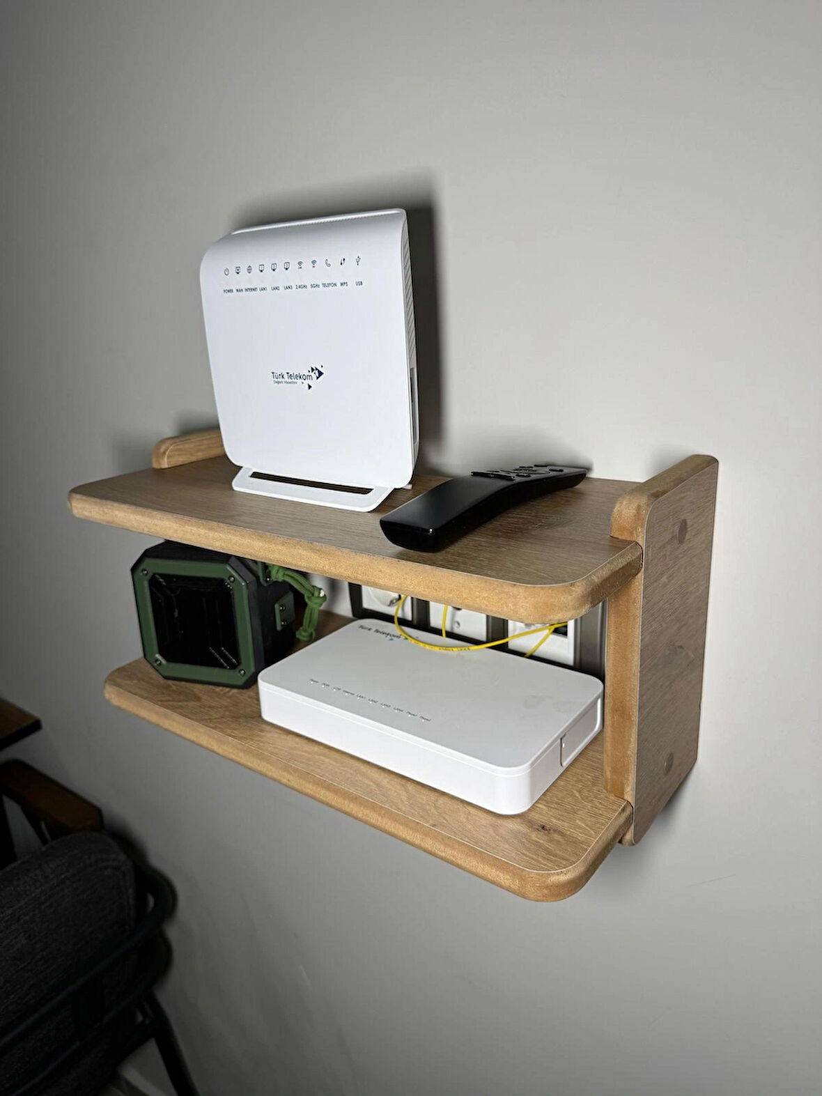 Dekoratif İkili Raf, Aksesuar Rafı, İki Bölmeli Modem Rafı