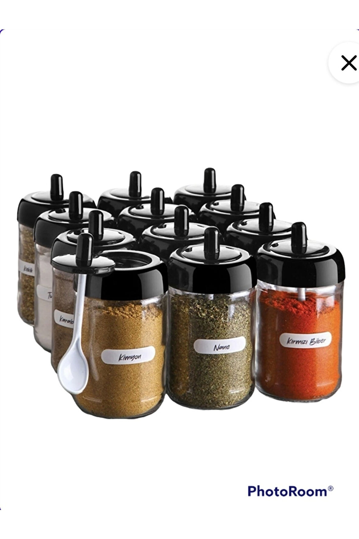 12 Adet Kapağı Kendinden Kaşıklı Cam Baharatlık Seti - (300cc)