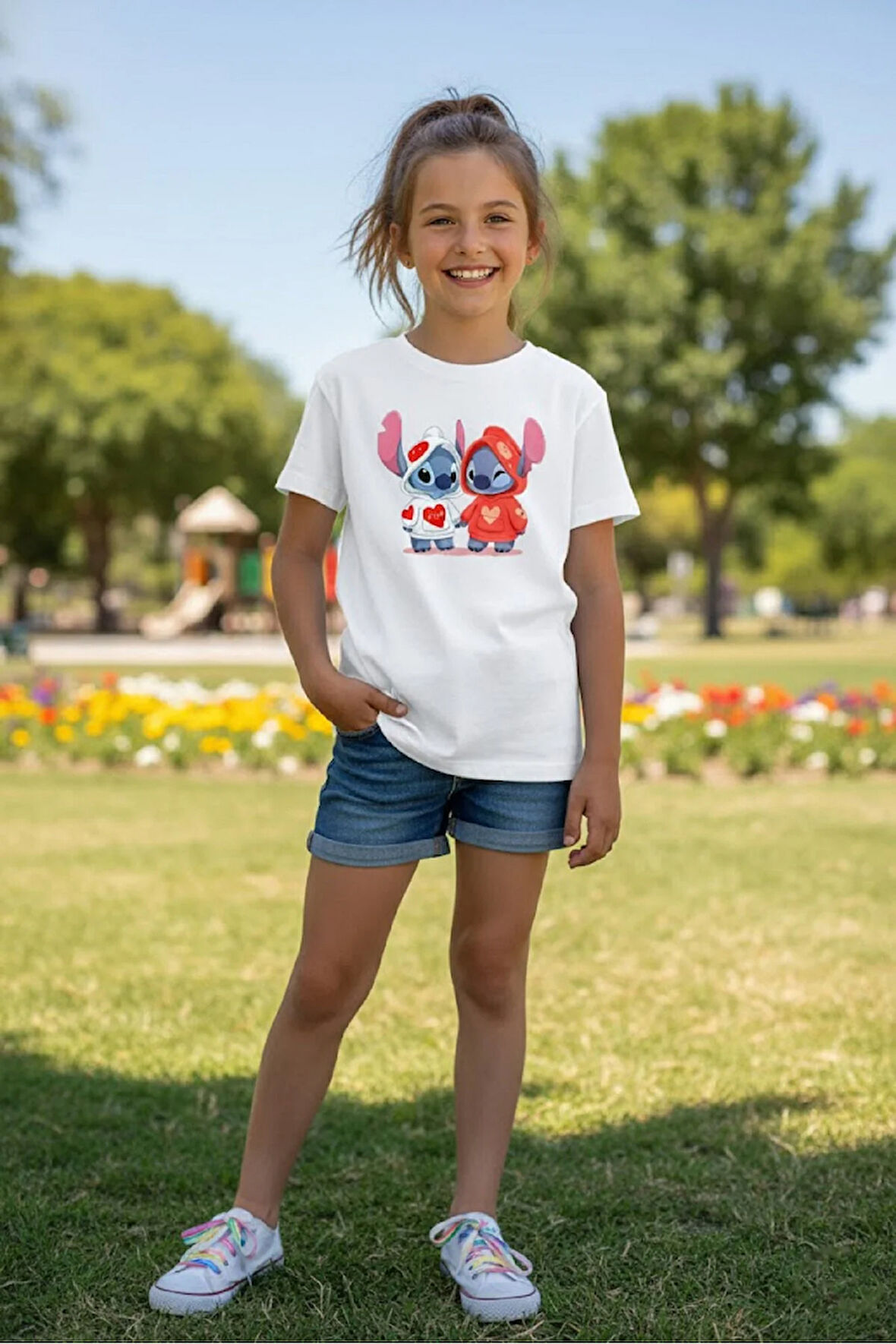 Pamuklu Kız Çocuk Lilo Baskılı Tshirt Tişört 5 6 7 8 9 10 11 12 13 14 yaş