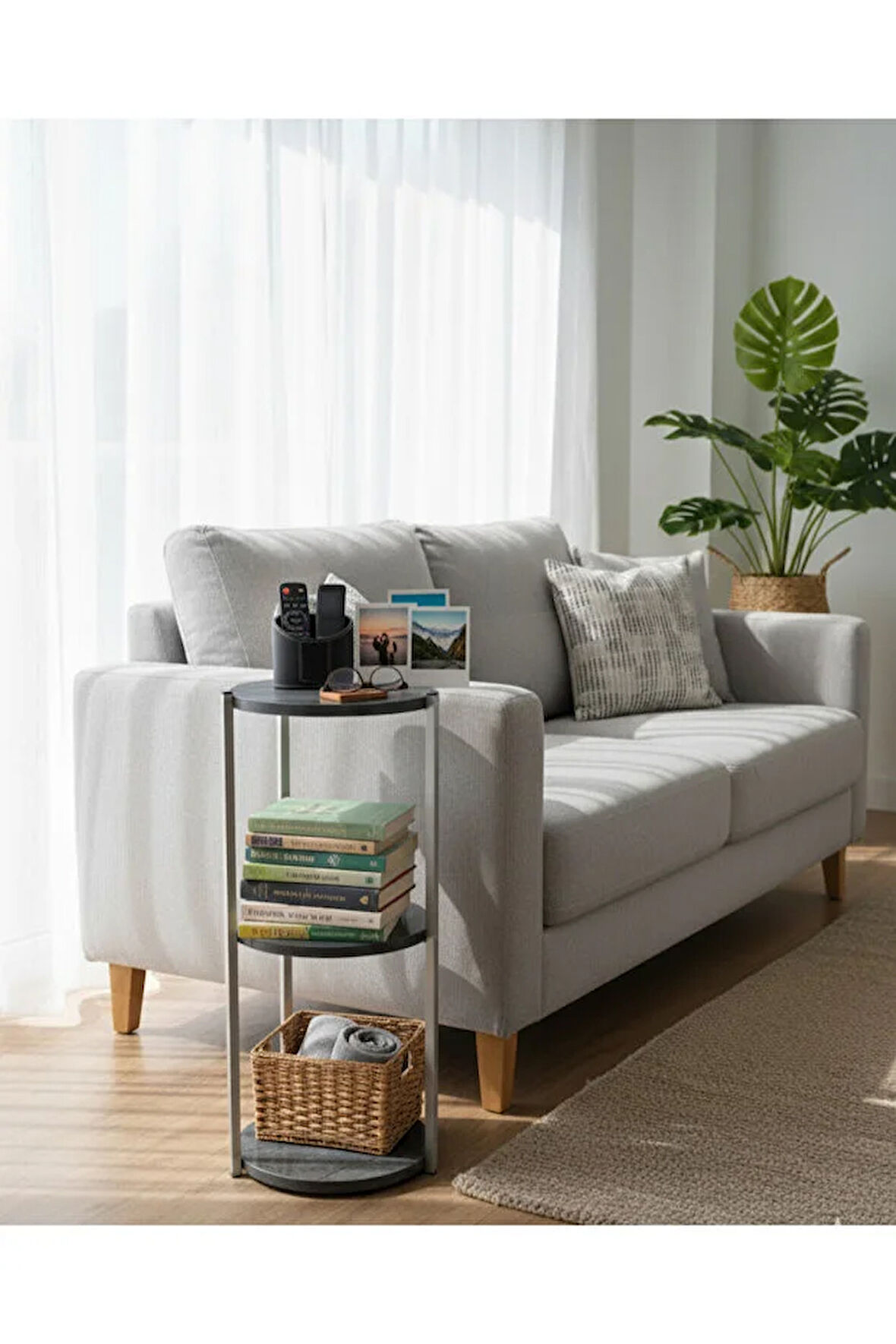 Dekoratif 3 katlı Raflık, Çiçeklik, Köşe Rafi, Sehpa Çok Amaçlı Raf -Gri Antrasit-