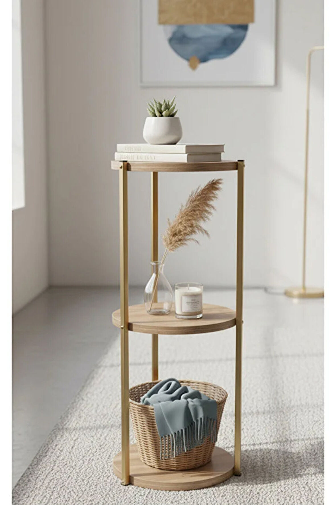 Dekoratif 3 katlı Raflık, Çiçeklik, Köşe Rafi, Sehpa Çok Amaçlı Raf -Gold Ceviz-